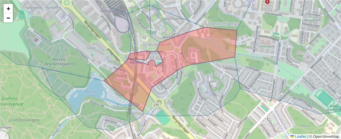 Karta över postnummerområdet  och angränsande postnummer i Sverige