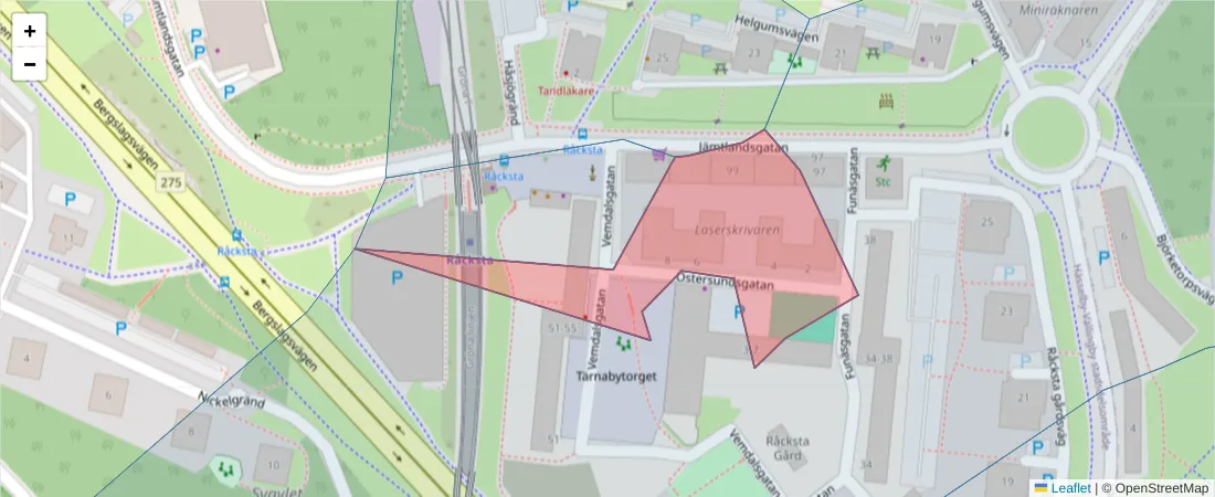 Karta över postnummerområdet  och angränsande postnummer i Sverige