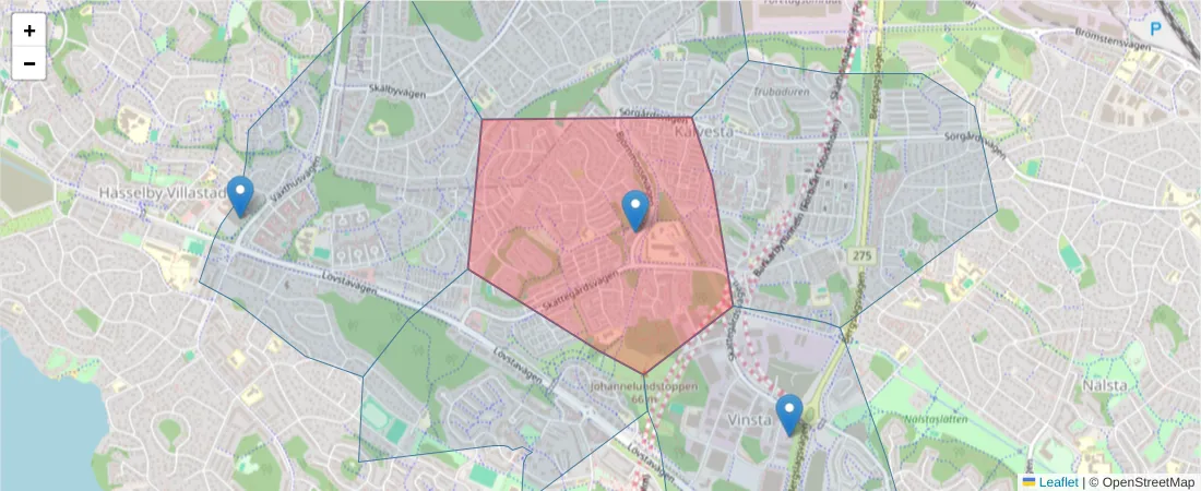 Karta över postnummerområdet  och angränsande postnummer i Sverige
