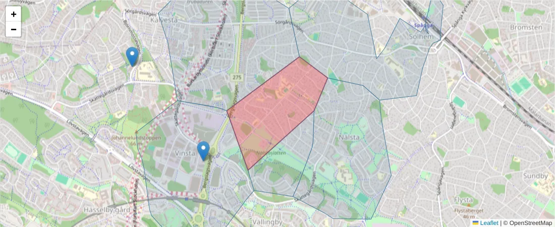 Karta över postnummerområdet  och angränsande postnummer i Sverige