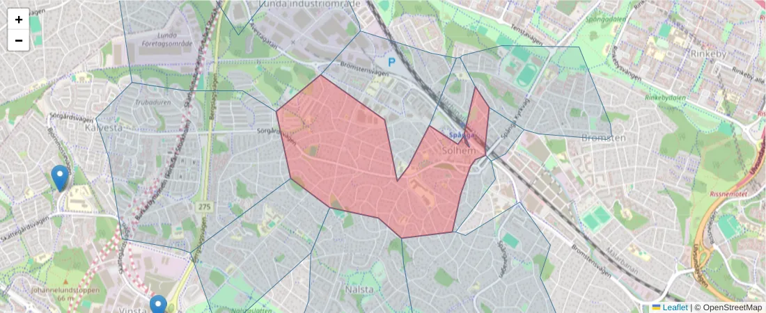 Karta över postnummerområdet  och angränsande postnummer i Sverige