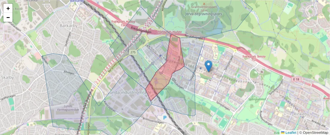 Karta över postnummerområdet  och angränsande postnummer i Sverige