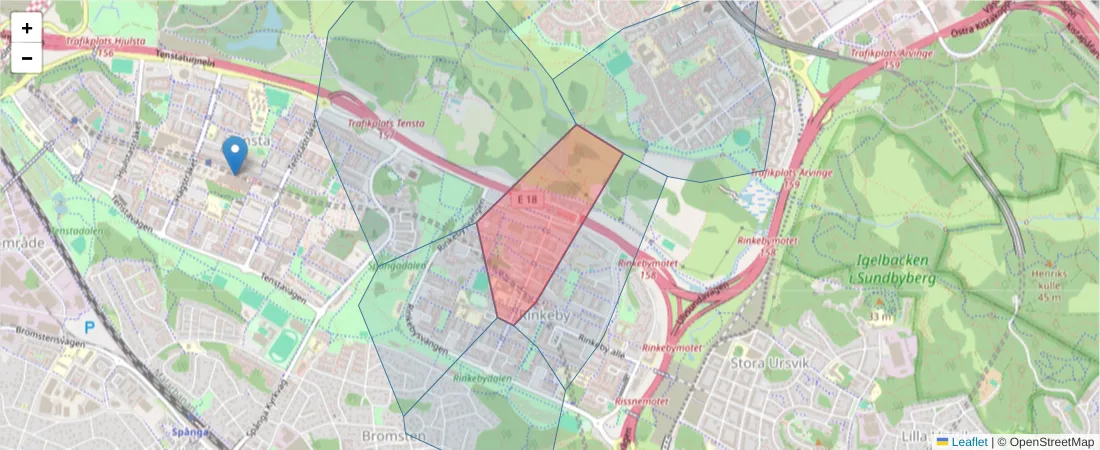 Karta över postnummerområdet  och angränsande postnummer i Sverige