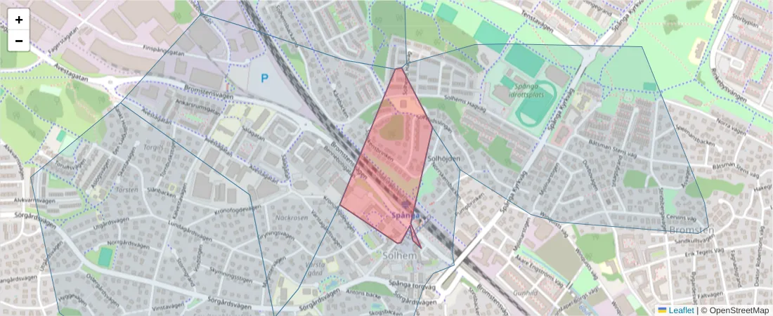 Karta över postnummerområdet  och angränsande postnummer i Sverige