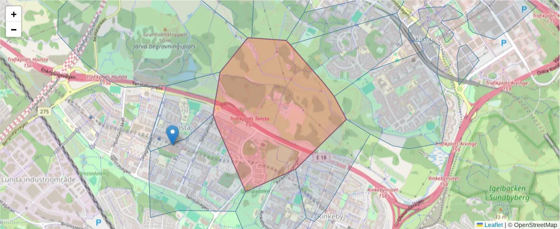 Karta över postnummerområdet  och angränsande postnummer i Sverige