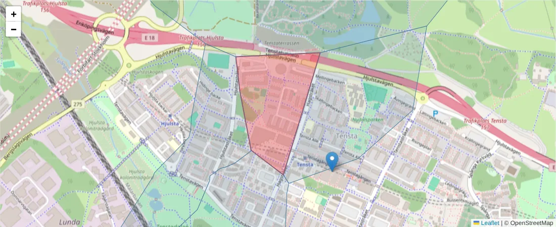 Karta över postnummerområdet  och angränsande postnummer i Sverige