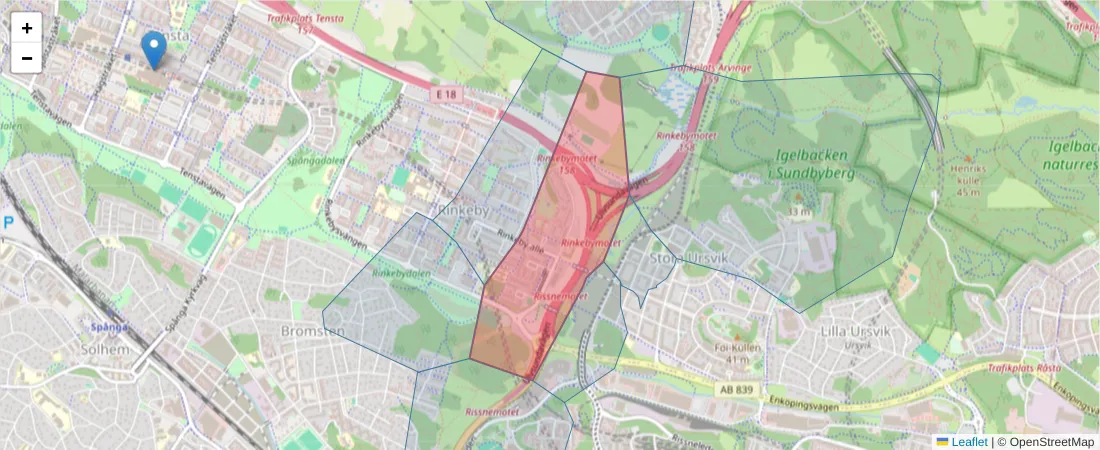 Karta över postnummerområdet  och angränsande postnummer i Sverige