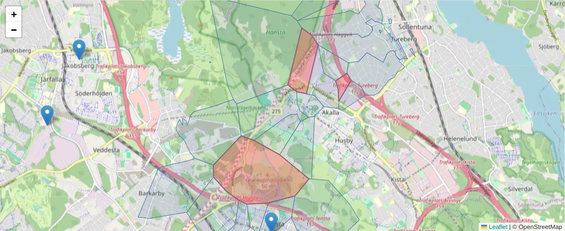 Karta över postnummerområdet  och angränsande postnummer i Sverige