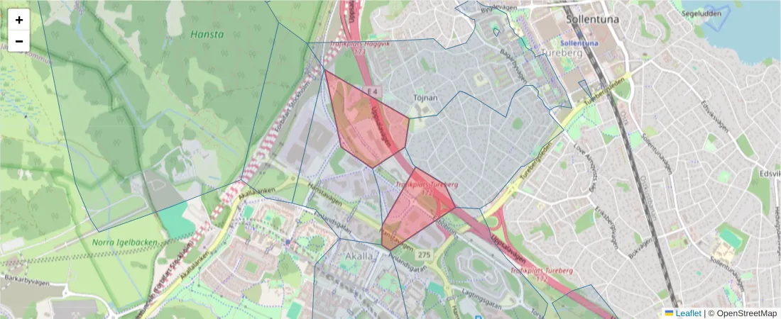 Karta över postnummerområdet  och angränsande postnummer i Sverige