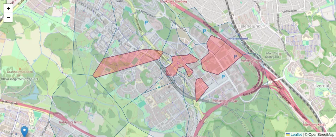 Karta över postnummerområdet  och angränsande postnummer i Sverige