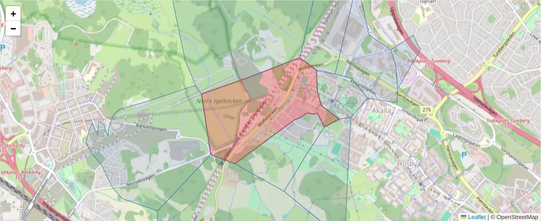 Karta över postnummerområdet  och angränsande postnummer i Sverige