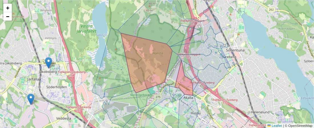 Karta över postnummerområdet  och angränsande postnummer i Sverige