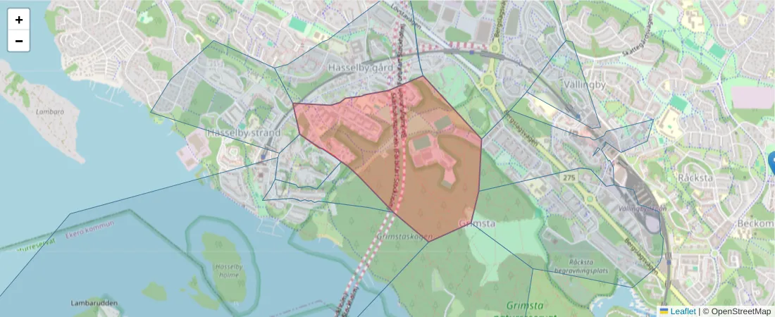 Karta över postnummerområdet  och angränsande postnummer i Sverige