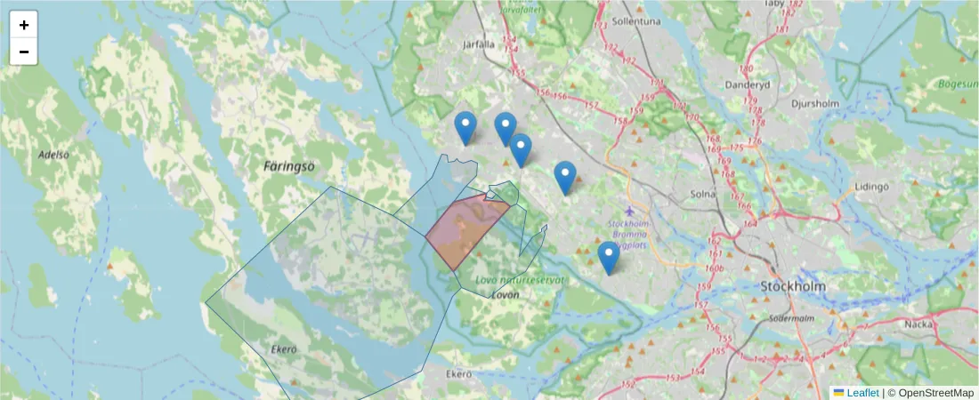 Karta över postnummerområdet  och angränsande postnummer i Sverige