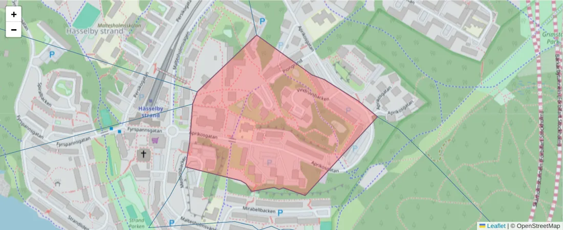 Karta över postnummerområdet  och angränsande postnummer i Sverige