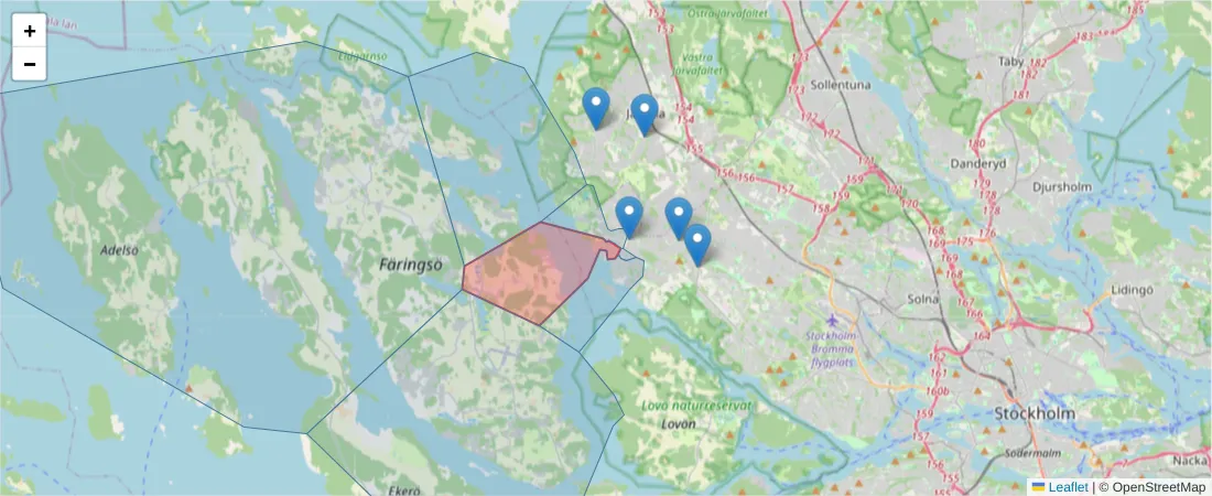 Karta över postnummerområdet  och angränsande postnummer i Sverige