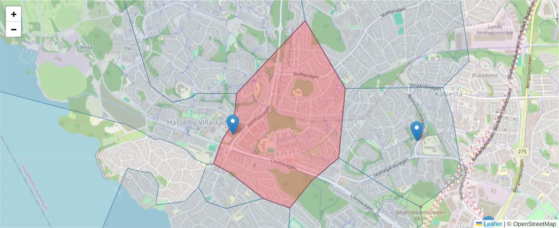 Karta över postnummerområdet  och angränsande postnummer i Sverige