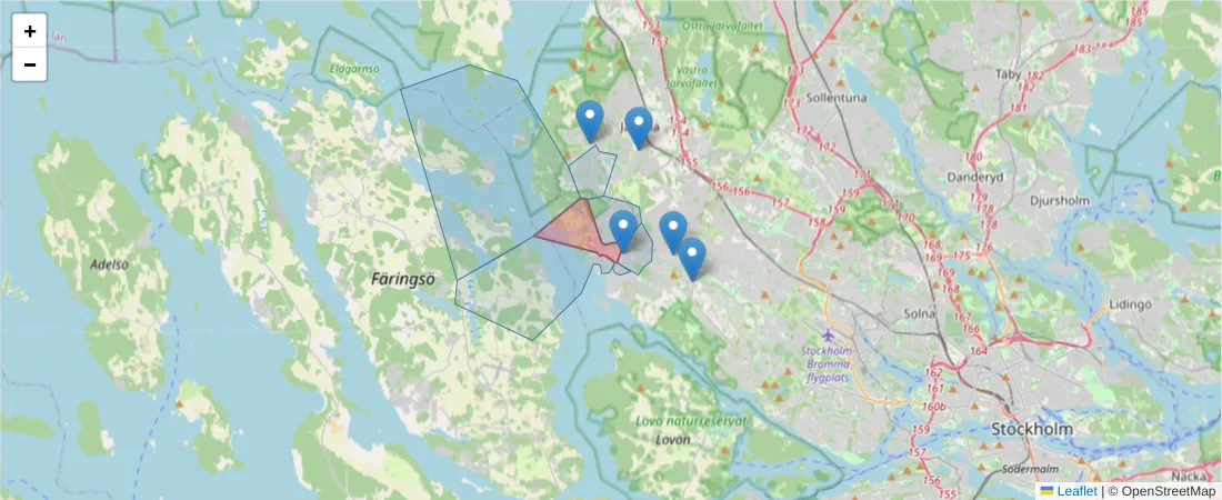 Karta över postnummerområdet  och angränsande postnummer i Sverige