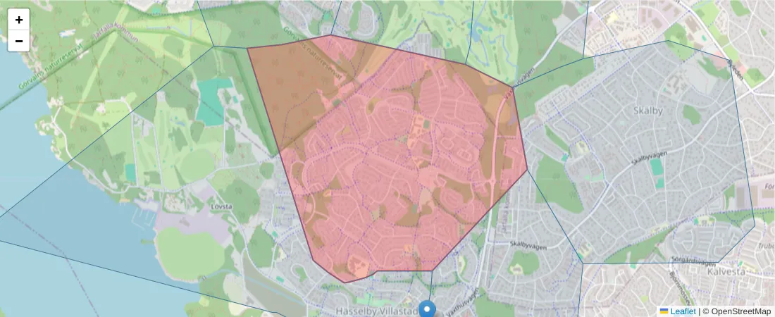Karta över postnummerområdet  och angränsande postnummer i Sverige