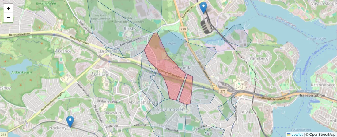 Karta över postnummerområdet  och angränsande postnummer i Sverige