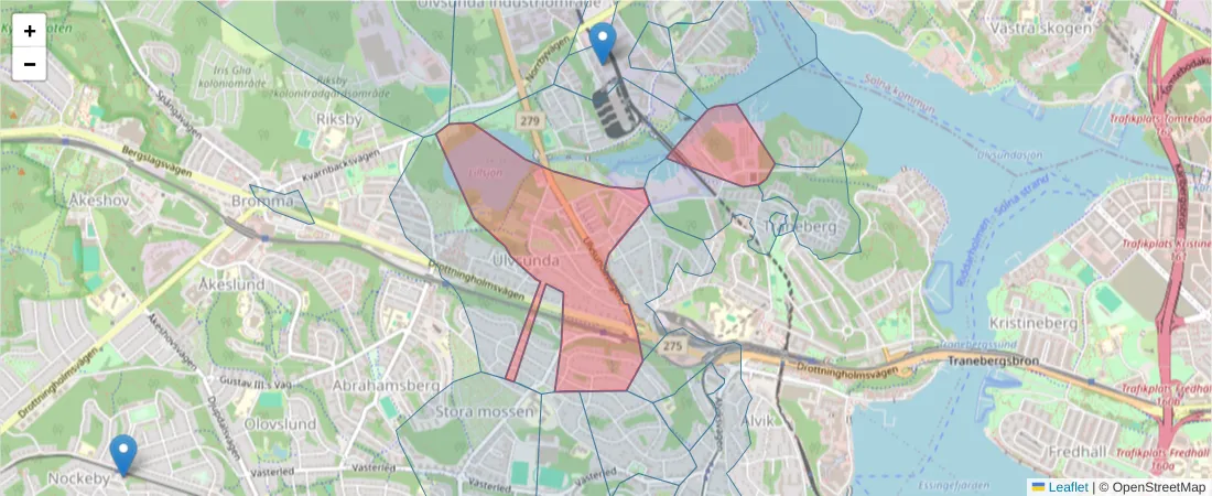 Karta över postnummerområdet  och angränsande postnummer i Sverige