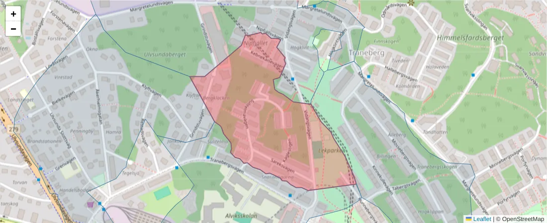 Karta över postnummerområdet  och angränsande postnummer i Sverige