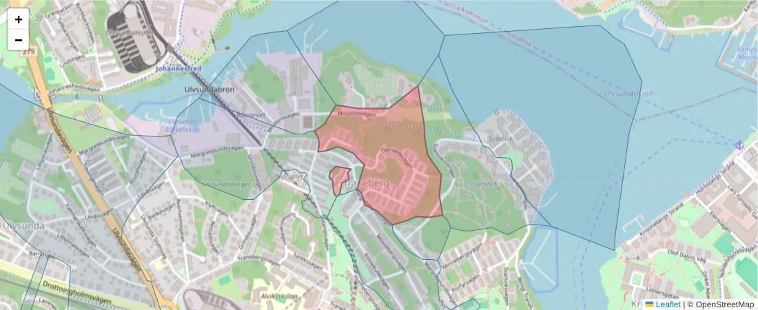 Karta över postnummerområdet  och angränsande postnummer i Sverige