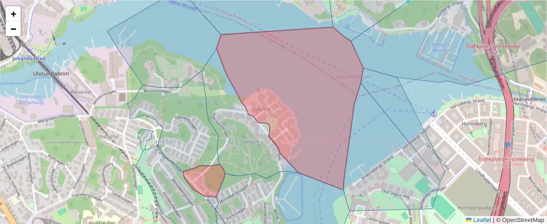 Karta över postnummerområdet  och angränsande postnummer i Sverige