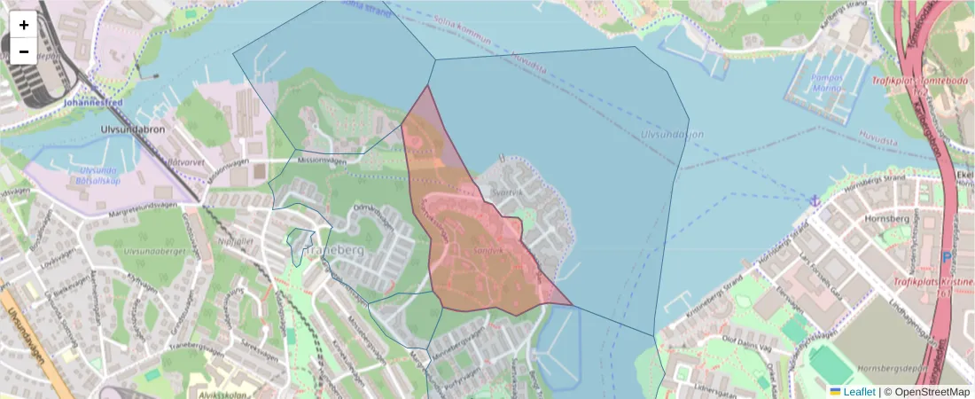 Karta över postnummerområdet  och angränsande postnummer i Sverige