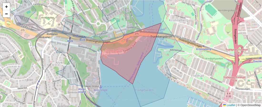 Karta över postnummerområdet  och angränsande postnummer i Sverige
