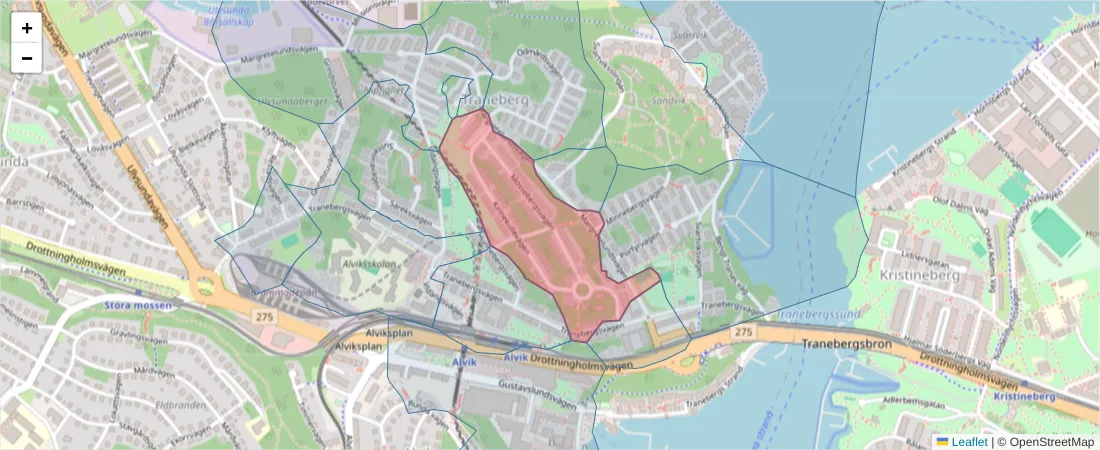 Karta över postnummerområdet  och angränsande postnummer i Sverige