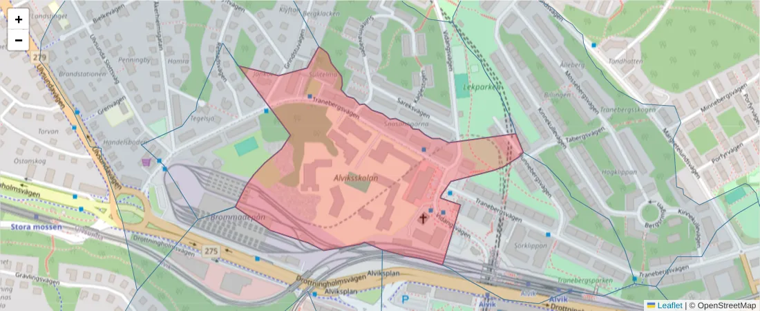Karta över postnummerområdet  och angränsande postnummer i Sverige