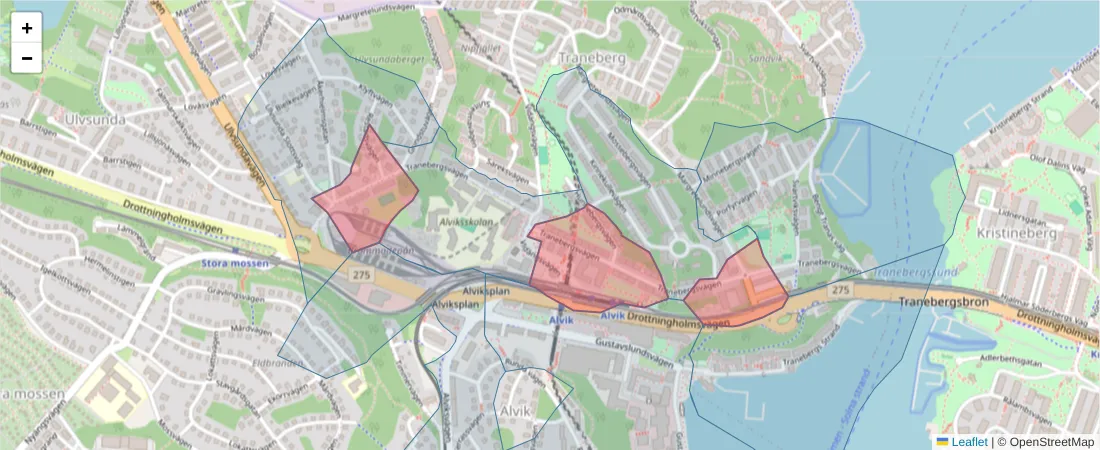 Karta över postnummerområdet  och angränsande postnummer i Sverige