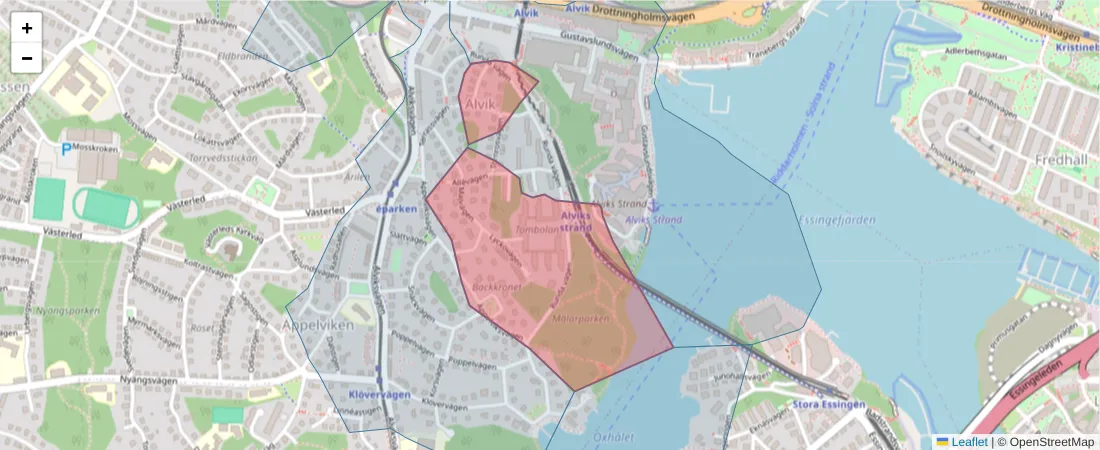 Karta över postnummerområdet  och angränsande postnummer i Sverige
