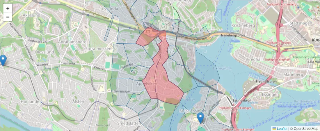 Karta över postnummerområdet  och angränsande postnummer i Sverige