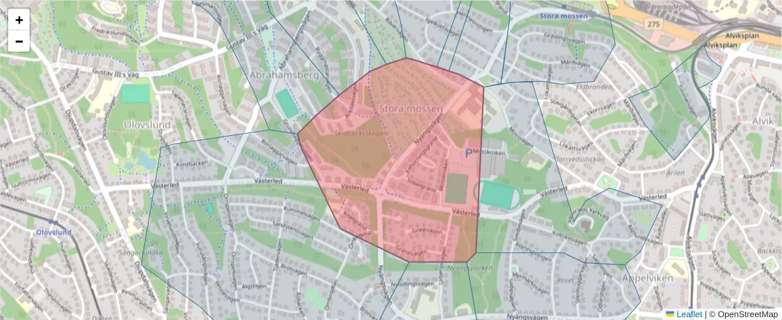 Karta över postnummerområdet  och angränsande postnummer i Sverige