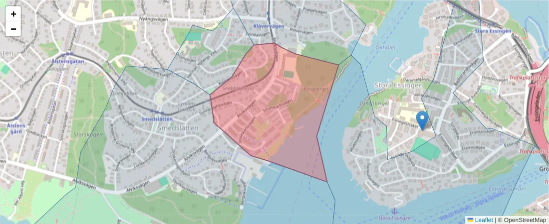Karta över postnummerområdet  och angränsande postnummer i Sverige