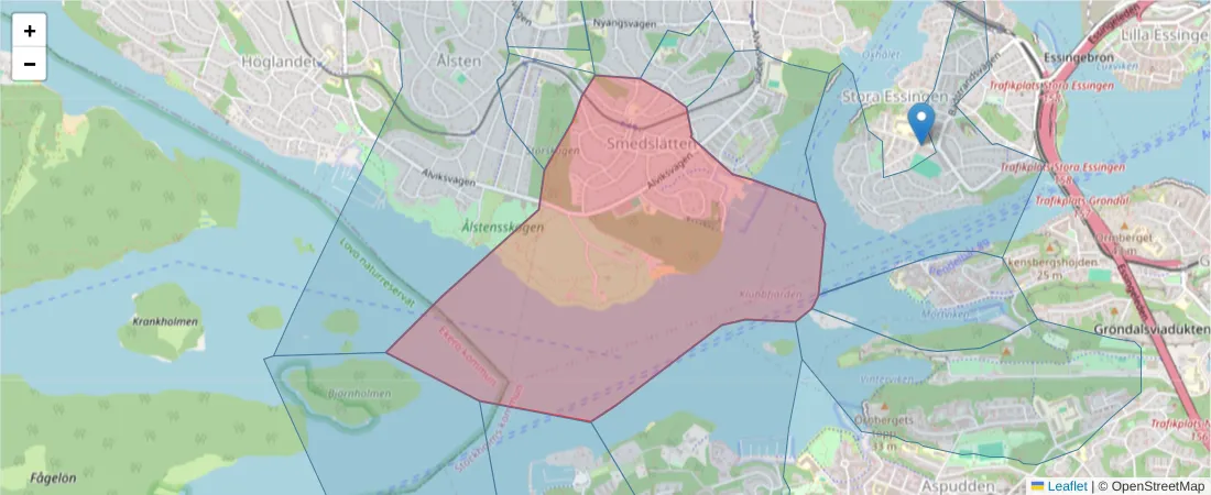 Karta över postnummerområdet  och angränsande postnummer i Sverige