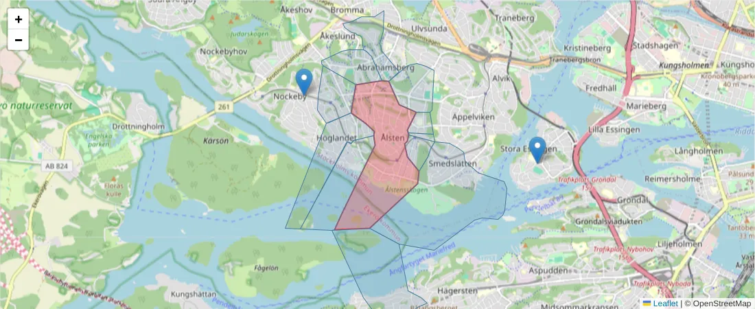 Karta över postnummerområdet  och angränsande postnummer i Sverige
