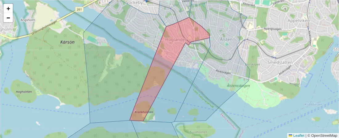 Karta över postnummerområdet  och angränsande postnummer i Sverige