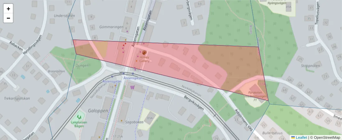 Karta över postnummerområdet  och angränsande postnummer i Sverige