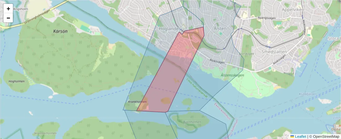 Karta över postnummerområdet  och angränsande postnummer i Sverige