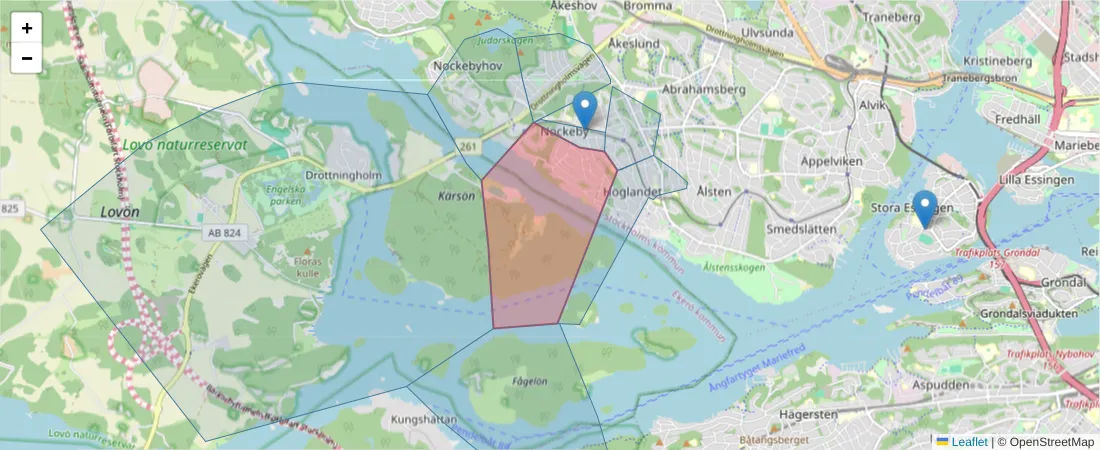 Karta över postnummerområdet  och angränsande postnummer i Sverige