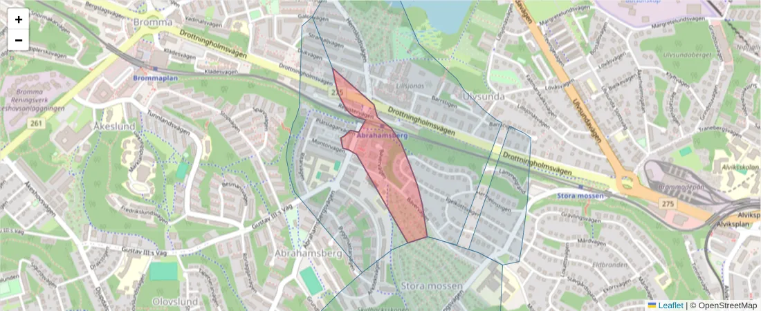 Karta över postnummerområdet  och angränsande postnummer i Sverige