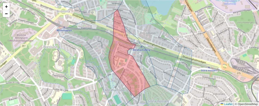 Karta över postnummerområdet  och angränsande postnummer i Sverige