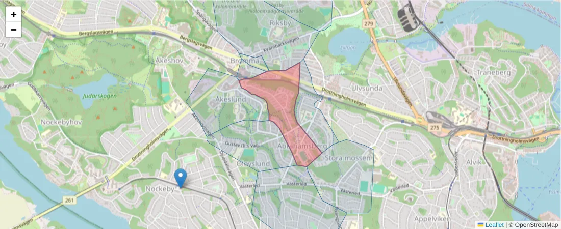 Karta över postnummerområdet  och angränsande postnummer i Sverige