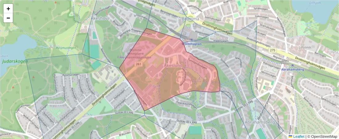 Karta över postnummerområdet  och angränsande postnummer i Sverige