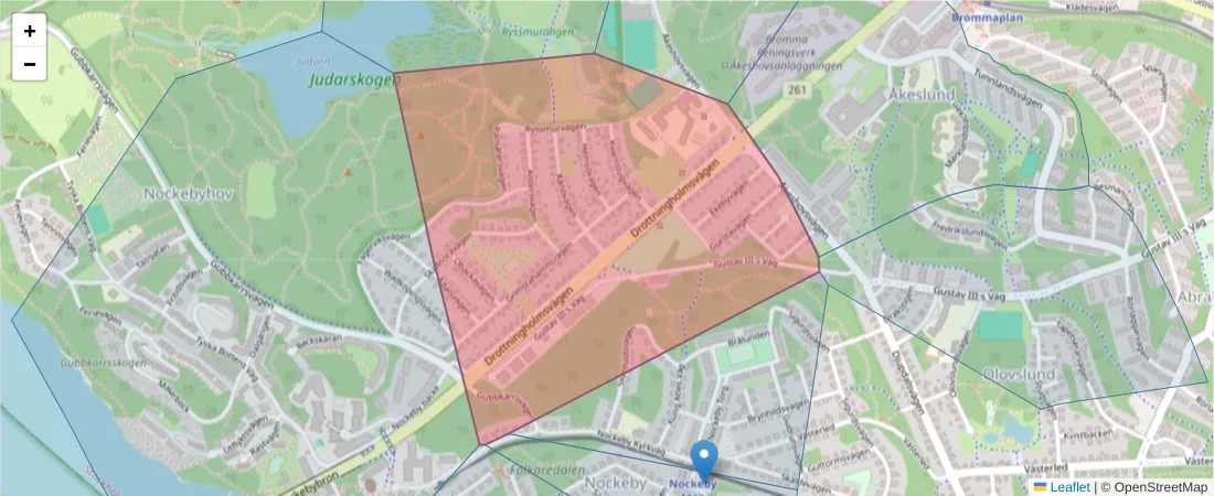 Karta över postnummerområdet  och angränsande postnummer i Sverige