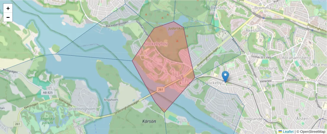 Karta över postnummerområdet  och angränsande postnummer i Sverige