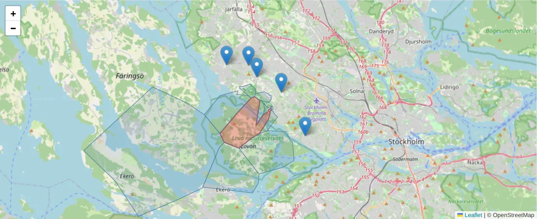 Karta över postnummerområdet  och angränsande postnummer i Sverige